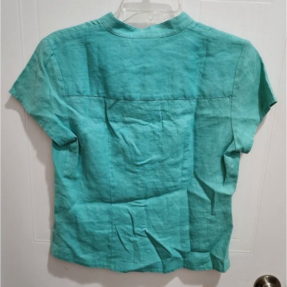 Style & Co Women's Short Sleeve Blouse Top Button Up 100% Linen Beaded Blue Sz 6 - Picture 8 of 8